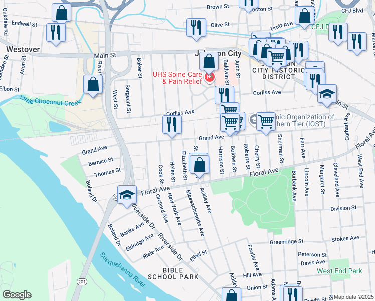 map of restaurants, bars, coffee shops, grocery stores, and more near 21 Elizabeth Street in Johnson City