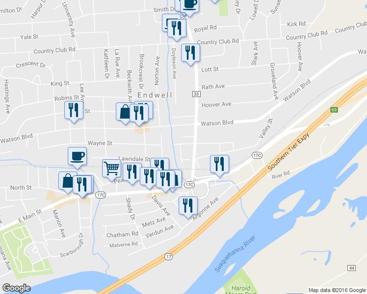 map of restaurants, bars, coffee shops, grocery stores, and more near 3514 Mary Street in Endicott