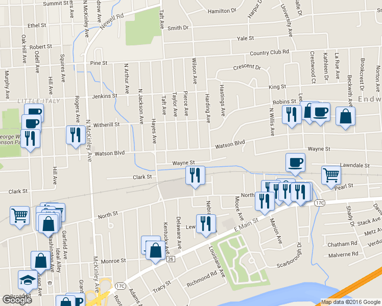 map of restaurants, bars, coffee shops, grocery stores, and more near 2400 Watson Boulevard in Endicott