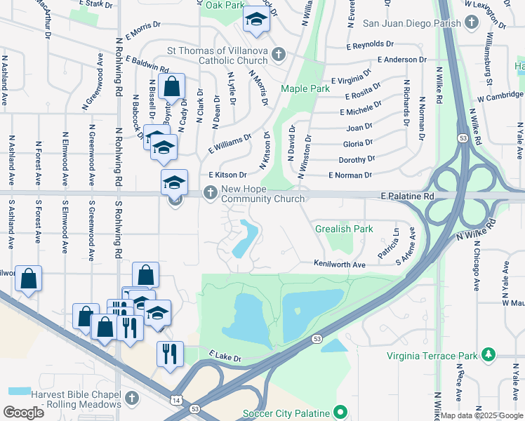 map of restaurants, bars, coffee shops, grocery stores, and more near 35 South Baybrook Drive in Palatine