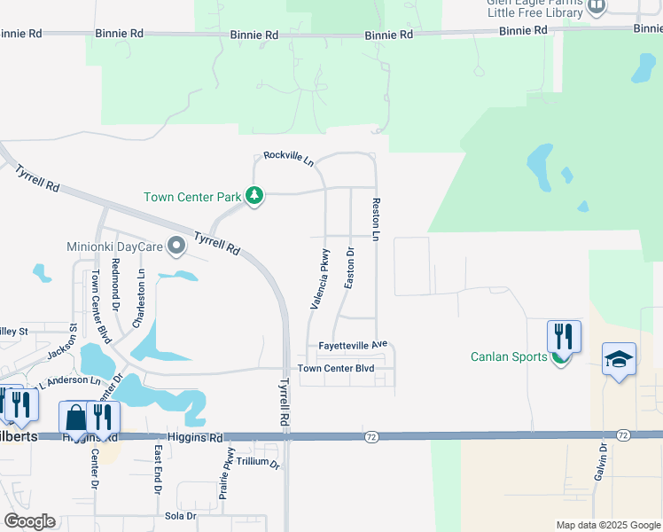 map of restaurants, bars, coffee shops, grocery stores, and more near 165 Valencia Parkway in Gilberts