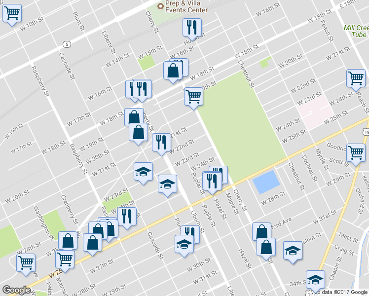 map of restaurants, bars, coffee shops, grocery stores, and more near 2201 Poplar St in Erie