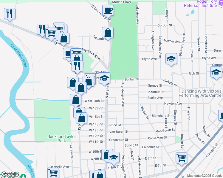 map of restaurants, bars, coffee shops, grocery stores, and more near 13 Wilson Pl in Jamestown