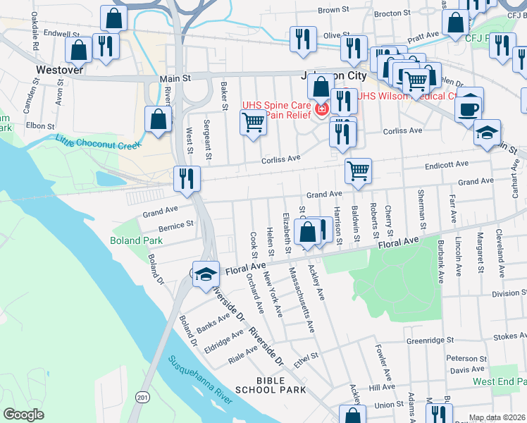 map of restaurants, bars, coffee shops, grocery stores, and more near 18 Helen Street in Johnson City