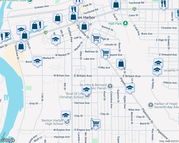 map of restaurants, bars, coffee shops, grocery stores, and more near 209 East Britain Avenue in Benton Harbor