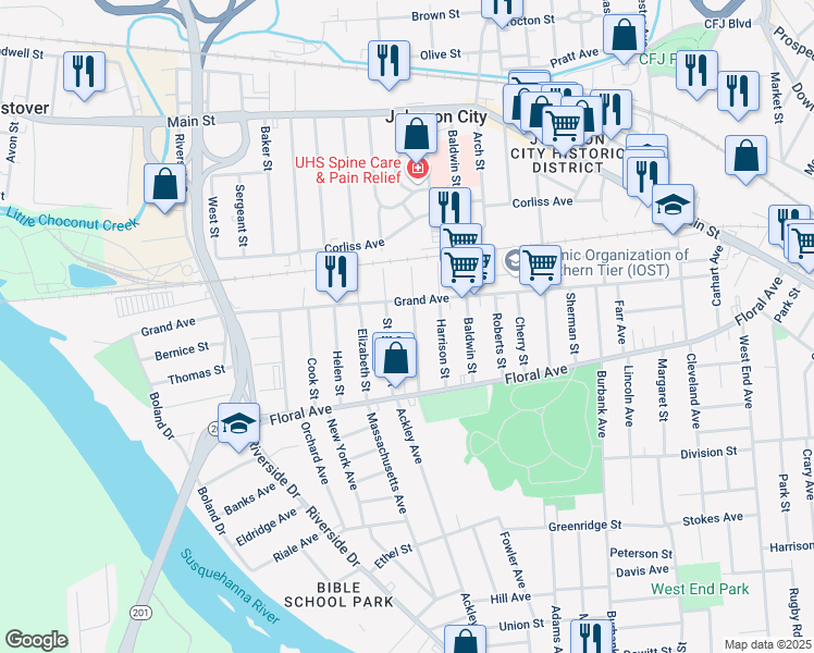 map of restaurants, bars, coffee shops, grocery stores, and more near 192 Hudson Street in Johnson City