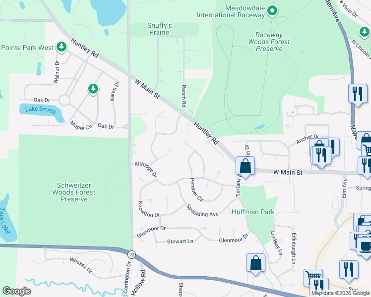 map of restaurants, bars, coffee shops, grocery stores, and more near 1218 Thatcher Trail in West Dundee