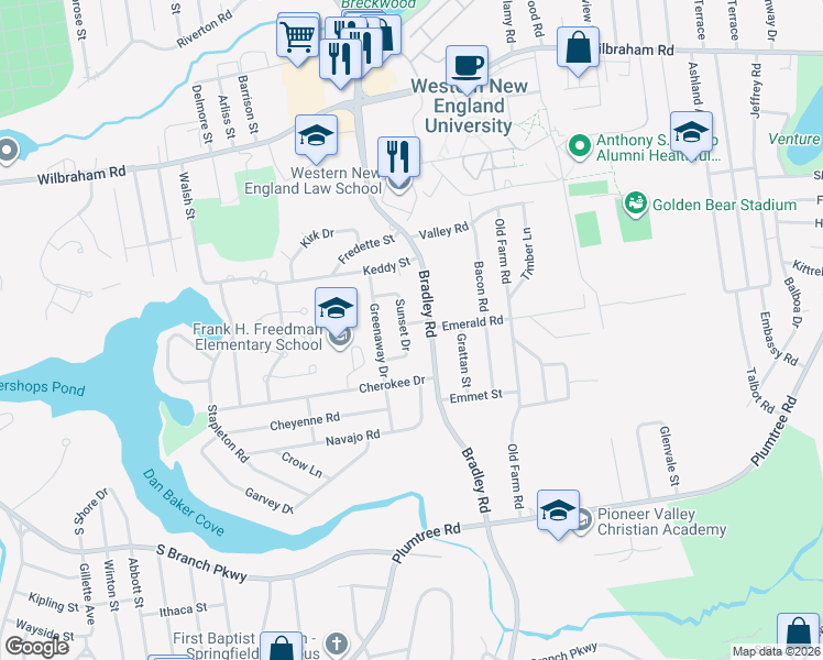 map of restaurants, bars, coffee shops, grocery stores, and more near 17 Shirley Road in Springfield