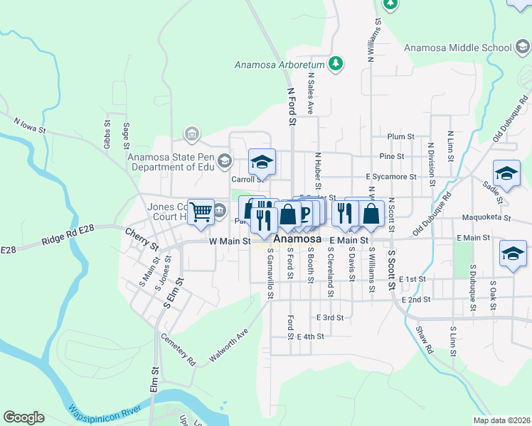 map of restaurants, bars, coffee shops, grocery stores, and more near 202 North Garnavillo Street in Anamosa