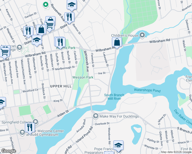 map of restaurants, bars, coffee shops, grocery stores, and more near 117-119 Fenwick Street in Springfield