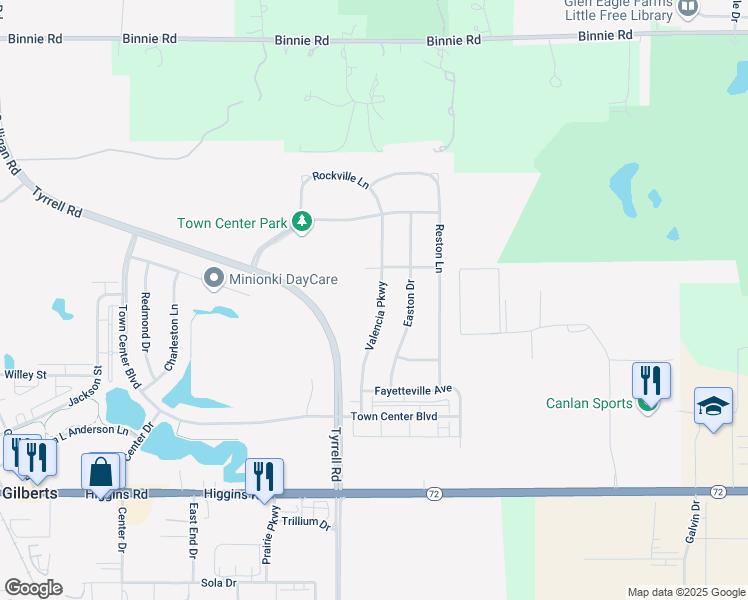 map of restaurants, bars, coffee shops, grocery stores, and more near 164 Valencia Parkway in Gilberts
