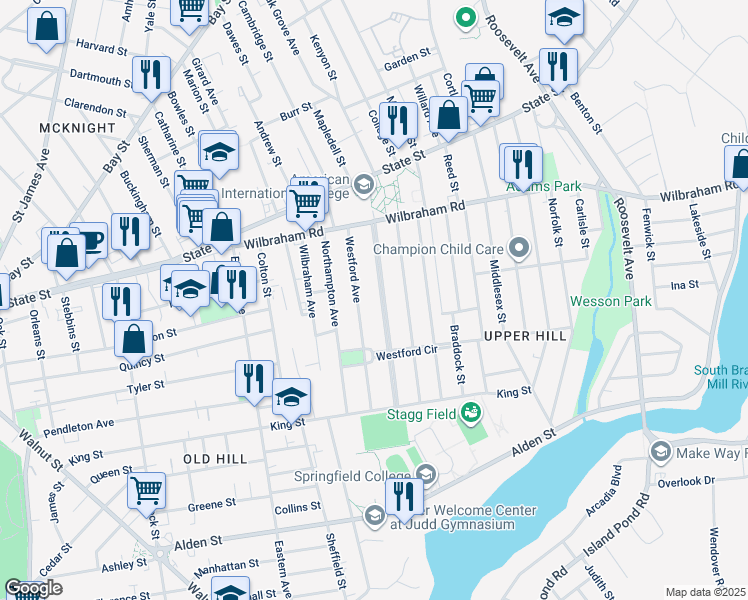 map of restaurants, bars, coffee shops, grocery stores, and more near 112 Massachusetts Avenue in Springfield