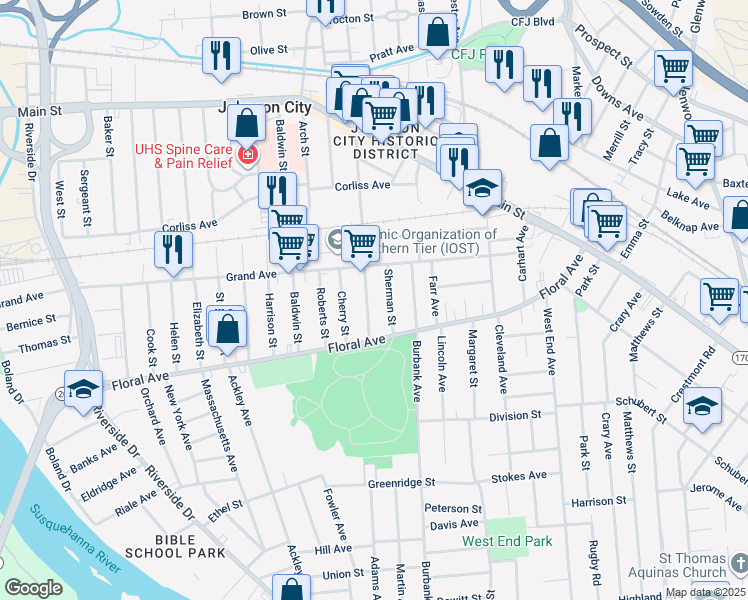 map of restaurants, bars, coffee shops, grocery stores, and more near 201 Willow Street in Johnson City