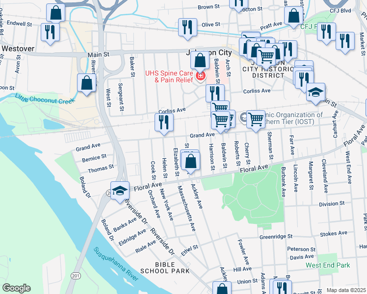 map of restaurants, bars, coffee shops, grocery stores, and more near 21 Elizabeth Street in Johnson City