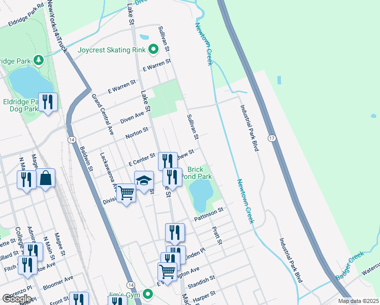 map of restaurants, bars, coffee shops, grocery stores, and more near 1149 Sullivan Street in Elmira