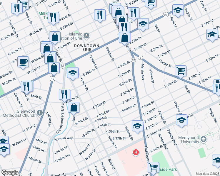 map of restaurants, bars, coffee shops, grocery stores, and more near 3017 Holland Street in Erie