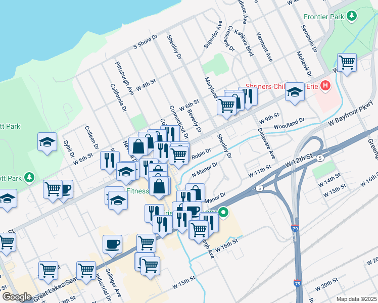 map of restaurants, bars, coffee shops, grocery stores, and more near 2162 Robin Drive in Erie