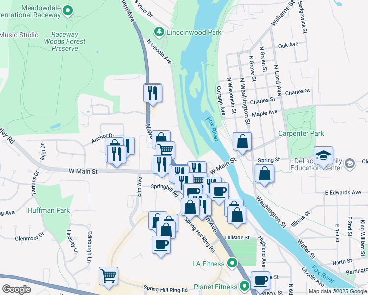 map of restaurants, bars, coffee shops, grocery stores, and more near 45 North Lincoln Avenue in Carpentersville