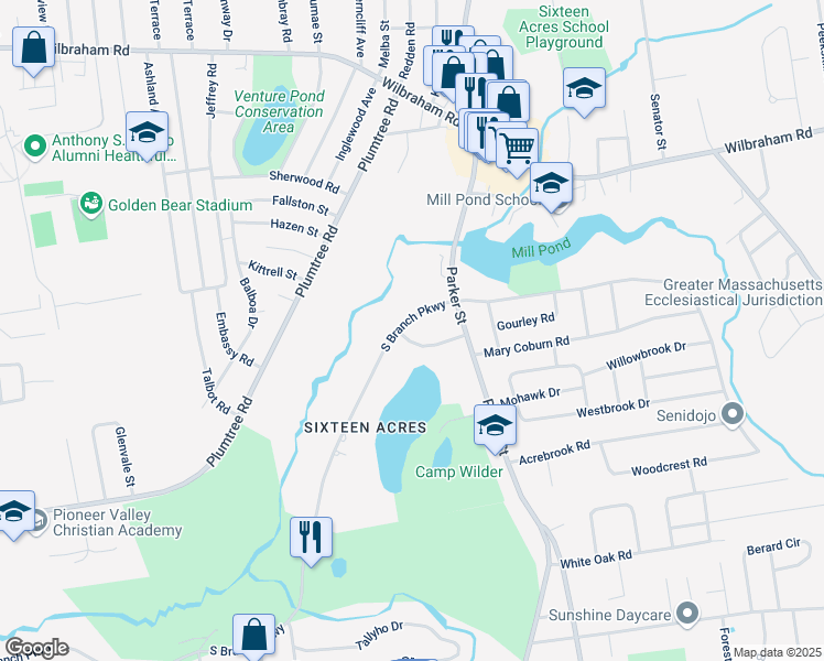 map of restaurants, bars, coffee shops, grocery stores, and more near 1347 South Branch Parkway in Springfield