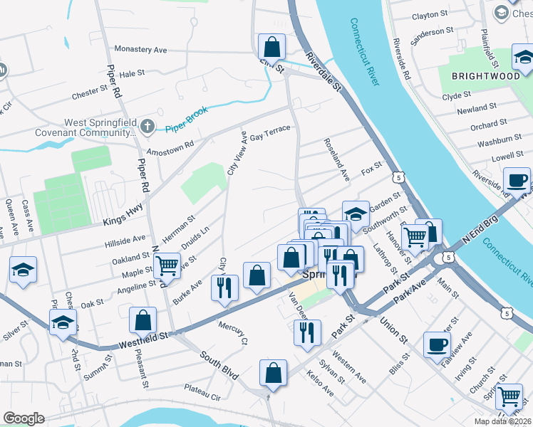 map of restaurants, bars, coffee shops, grocery stores, and more near 54 Oleander Street in West Springfield