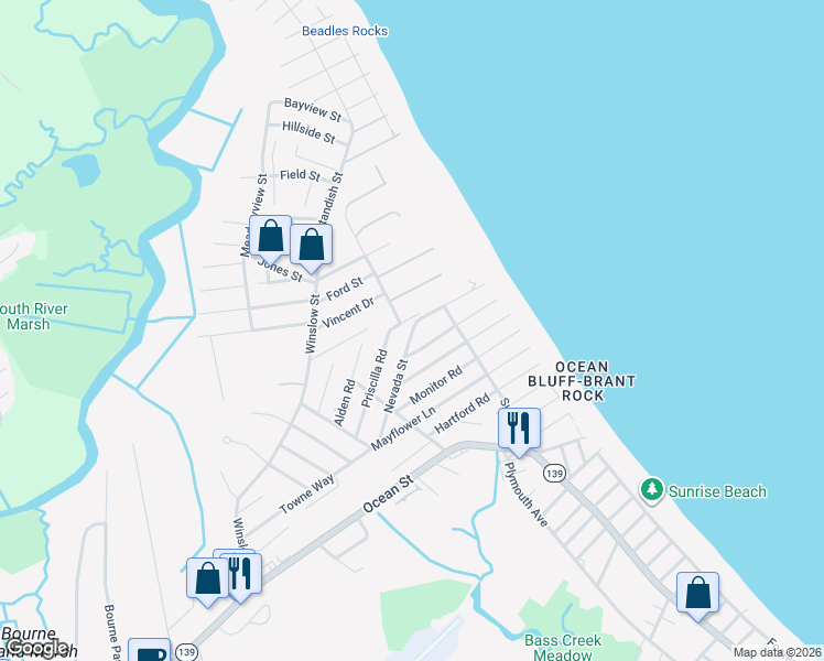 map of restaurants, bars, coffee shops, grocery stores, and more near 102 Nevada Street in Marshfield