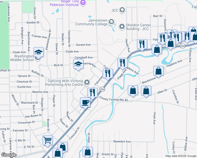 map of restaurants, bars, coffee shops, grocery stores, and more near 106 Cowing Street in Jamestown