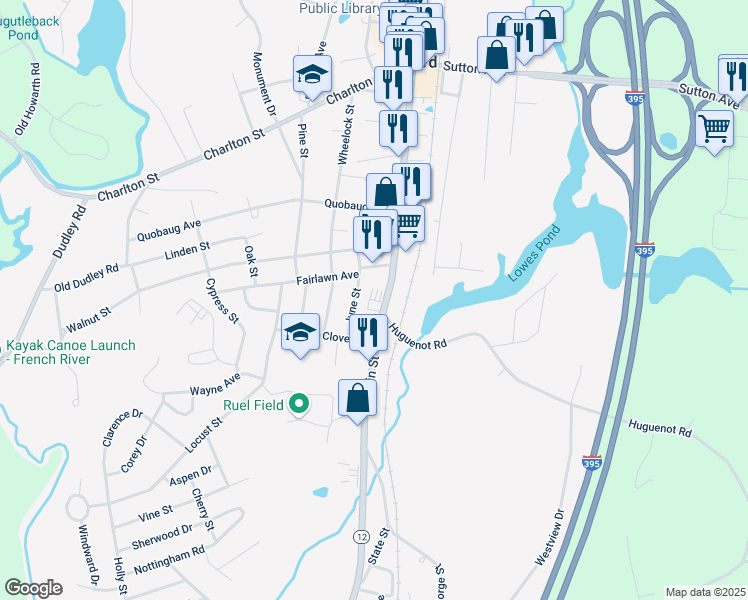 map of restaurants, bars, coffee shops, grocery stores, and more near 227 Main Street in Oxford