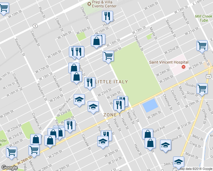 map of restaurants, bars, coffee shops, grocery stores, and more near 645 West 22nd Street in Erie