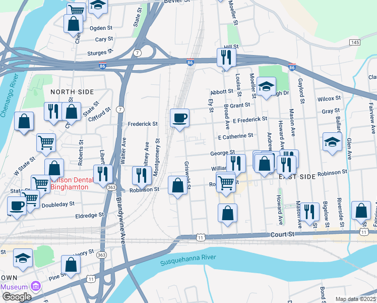 map of restaurants, bars, coffee shops, grocery stores, and more near 56 Griswold St in Binghamton