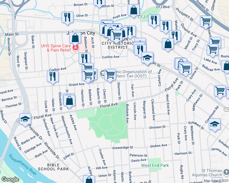 map of restaurants, bars, coffee shops, grocery stores, and more near 201 Willow Street in Johnson City