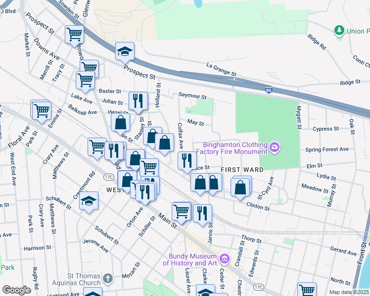 map of restaurants, bars, coffee shops, grocery stores, and more near 28 Colfax Ave in Binghamton
