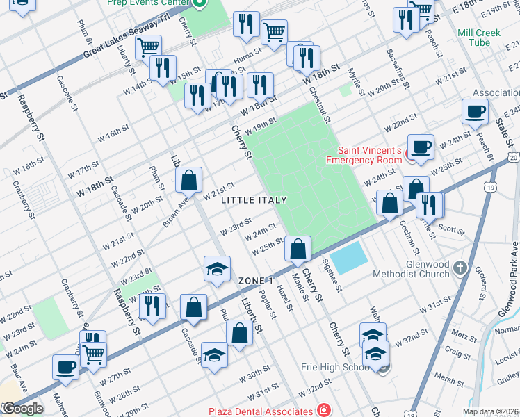 map of restaurants, bars, coffee shops, grocery stores, and more near 618 W 23rd St in Erie