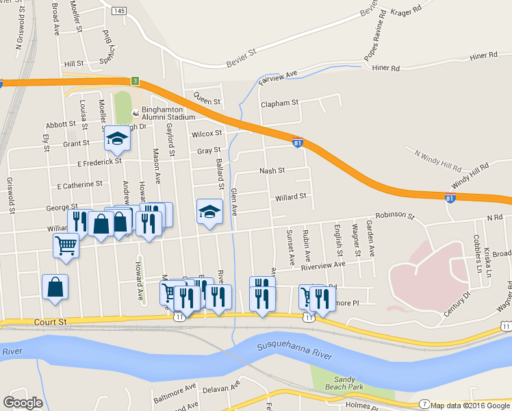 map of restaurants, bars, coffee shops, grocery stores, and more near 13 Bradley Street in Binghamton
