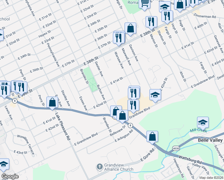 map of restaurants, bars, coffee shops, grocery stores, and more near 4121 Dexter Ave in Erie
