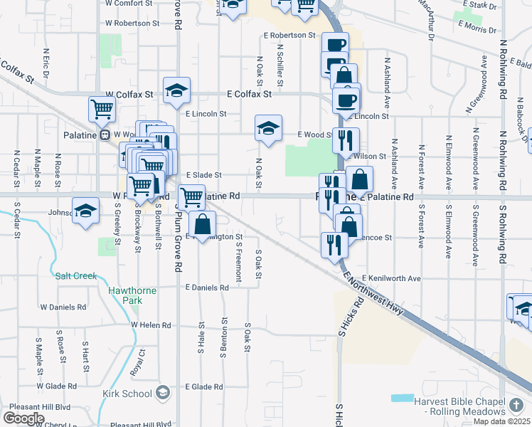 map of restaurants, bars, coffee shops, grocery stores, and more near 169 East Palatine Road in Palatine