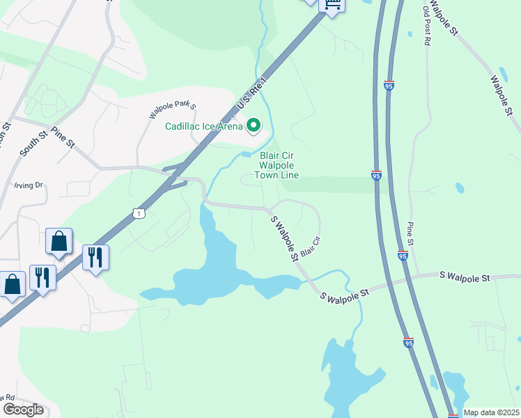 map of restaurants, bars, coffee shops, grocery stores, and more near South Walpole Street in Walpole