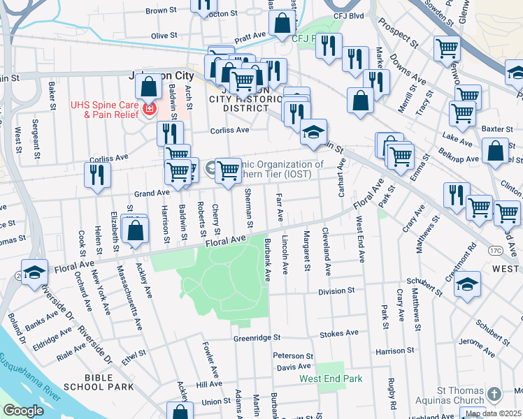 map of restaurants, bars, coffee shops, grocery stores, and more near 40 Burbank Avenue in Johnson City