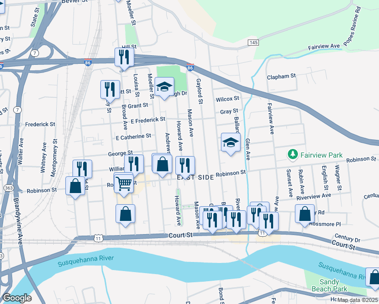 map of restaurants, bars, coffee shops, grocery stores, and more near 67 Mason Ave in Binghamton