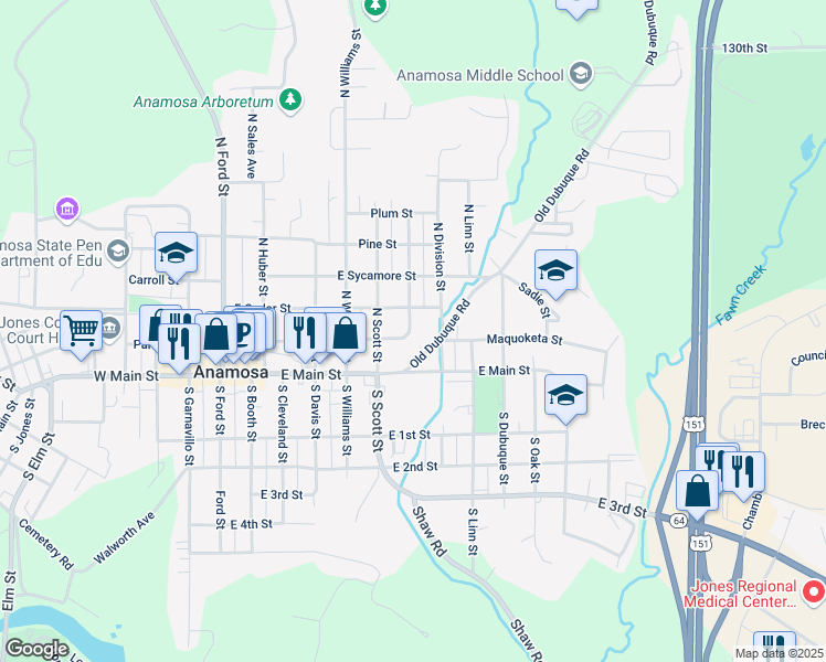 map of restaurants, bars, coffee shops, grocery stores, and more near 201 North Pratt Street in Anamosa