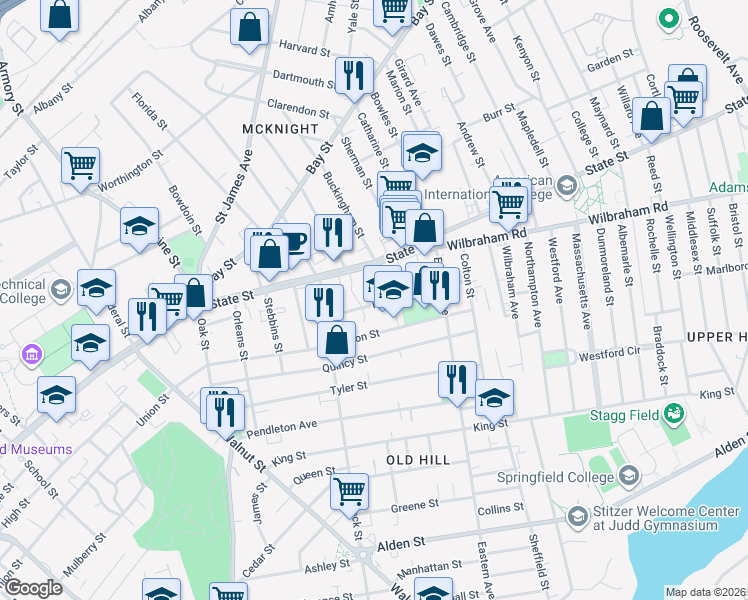map of restaurants, bars, coffee shops, grocery stores, and more near 54 Monroe Street in Springfield