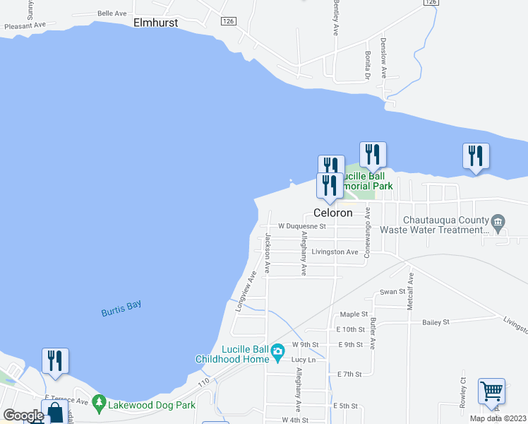 map of restaurants, bars, coffee shops, grocery stores, and more near 231 Marine Park Drive in Celoron