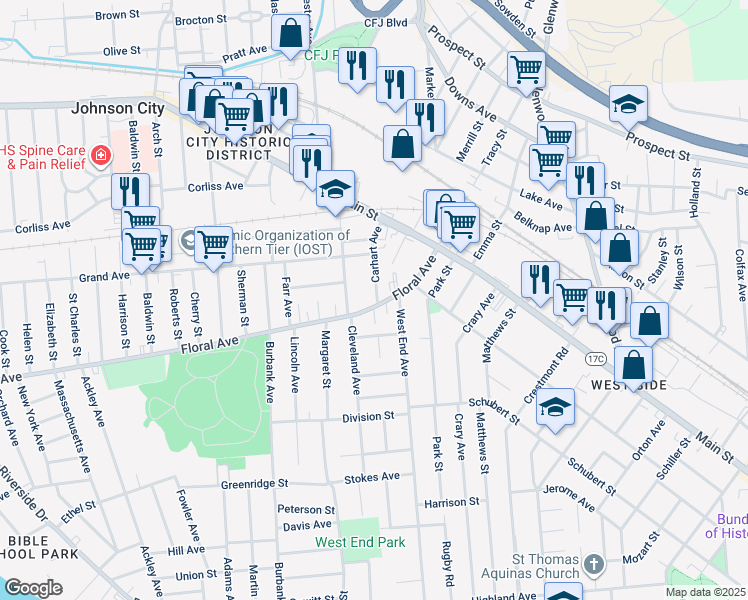 map of restaurants, bars, coffee shops, grocery stores, and more near 34 Floral Avenue in Binghamton
