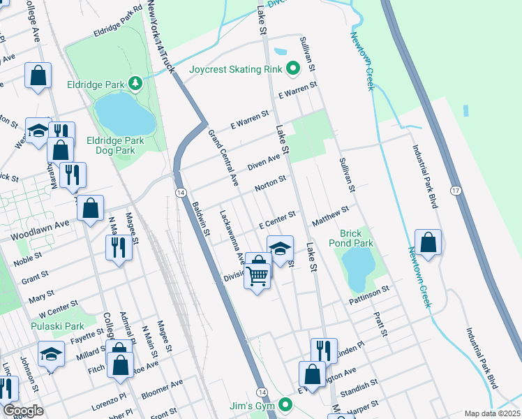 map of restaurants, bars, coffee shops, grocery stores, and more near 1310 Halls Lane in Elmira