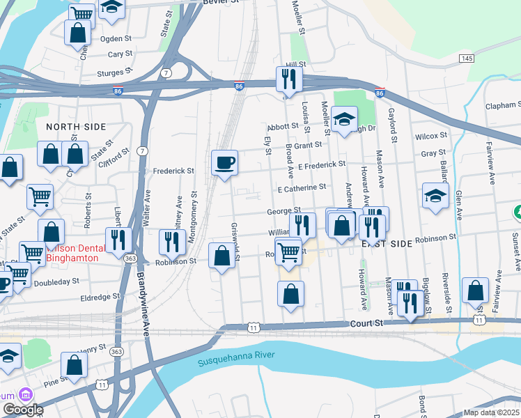map of restaurants, bars, coffee shops, grocery stores, and more near 23 George Street in Binghamton