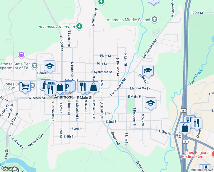 map of restaurants, bars, coffee shops, grocery stores, and more near 201-299 North Pratt Street in Anamosa