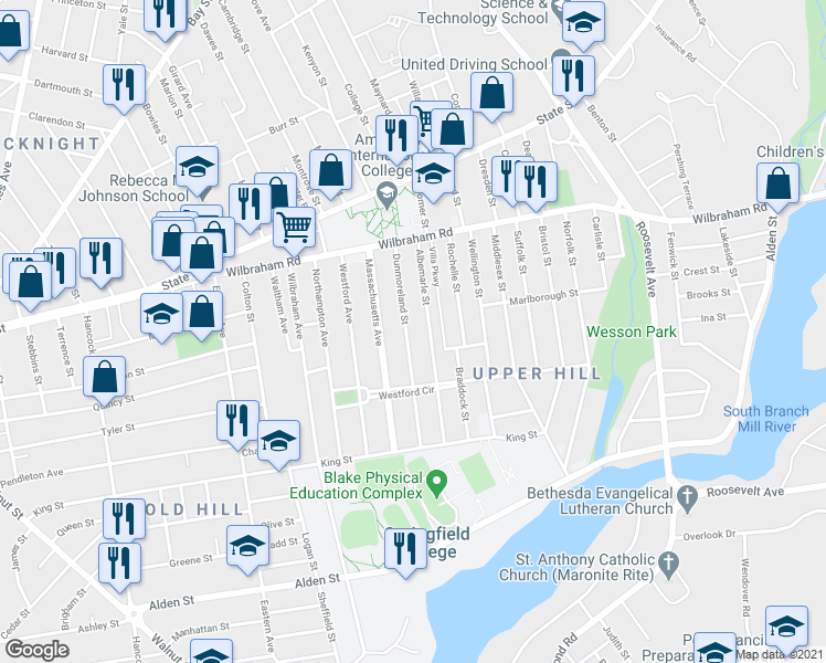 map of restaurants, bars, coffee shops, grocery stores, and more near 91 Dunmoreland Street in Springfield