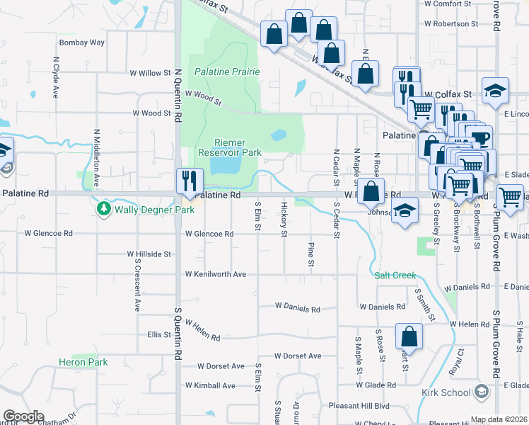map of restaurants, bars, coffee shops, grocery stores, and more near 23 South Elm Street in Palatine