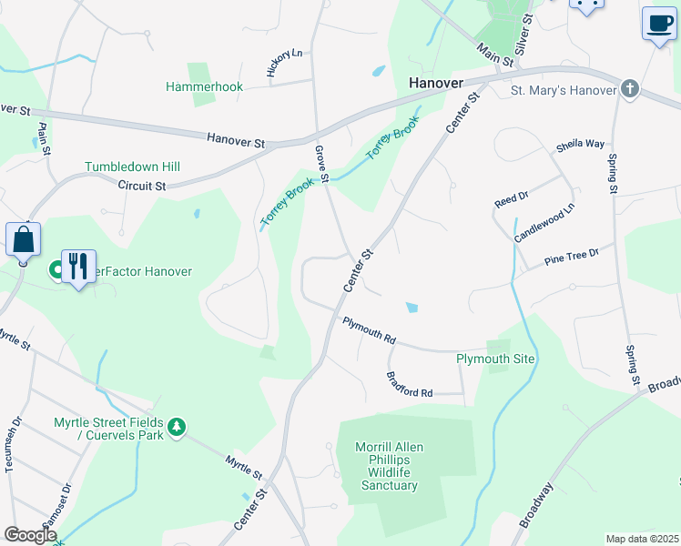 map of restaurants, bars, coffee shops, grocery stores, and more near 255 Center Street in Hanover