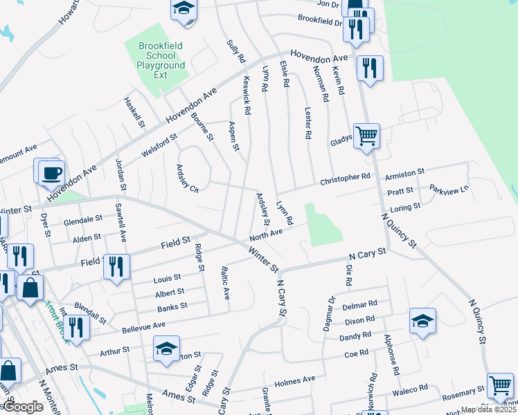 map of restaurants, bars, coffee shops, grocery stores, and more near 40 Ardsley Street in Brockton