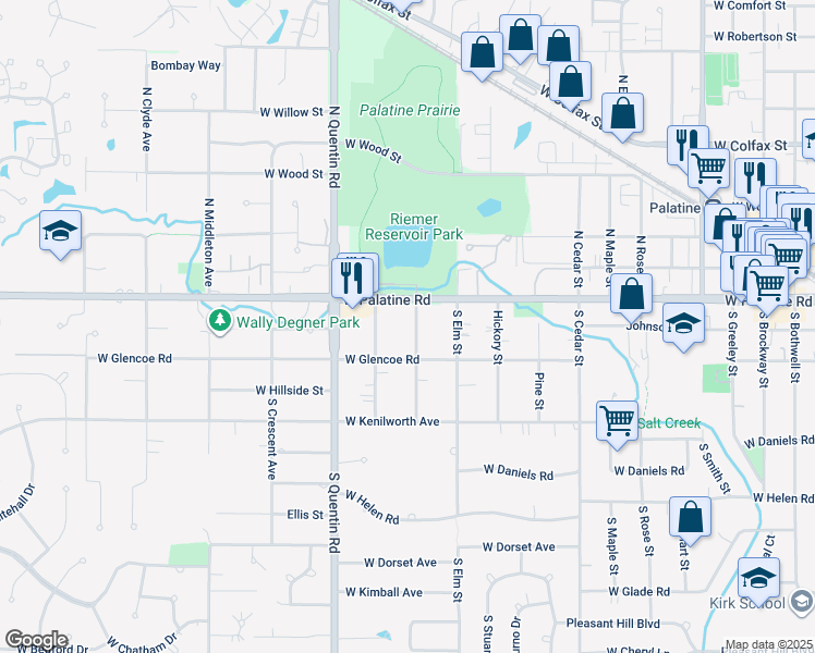 map of restaurants, bars, coffee shops, grocery stores, and more near 24 South Ash Street in Palatine